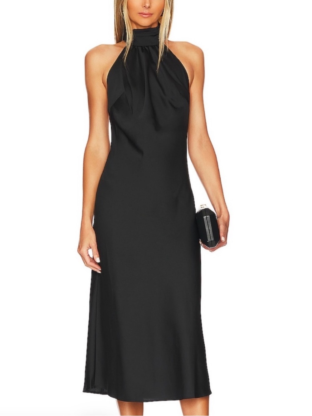 Lovers + Friends raya high neck halter black midi dress.
